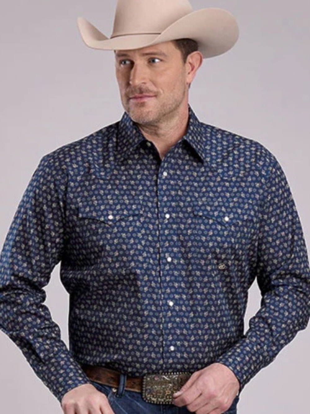 Roper SZ M Blue Patterned Western Pearl Snap Button-Down 100% Cotton